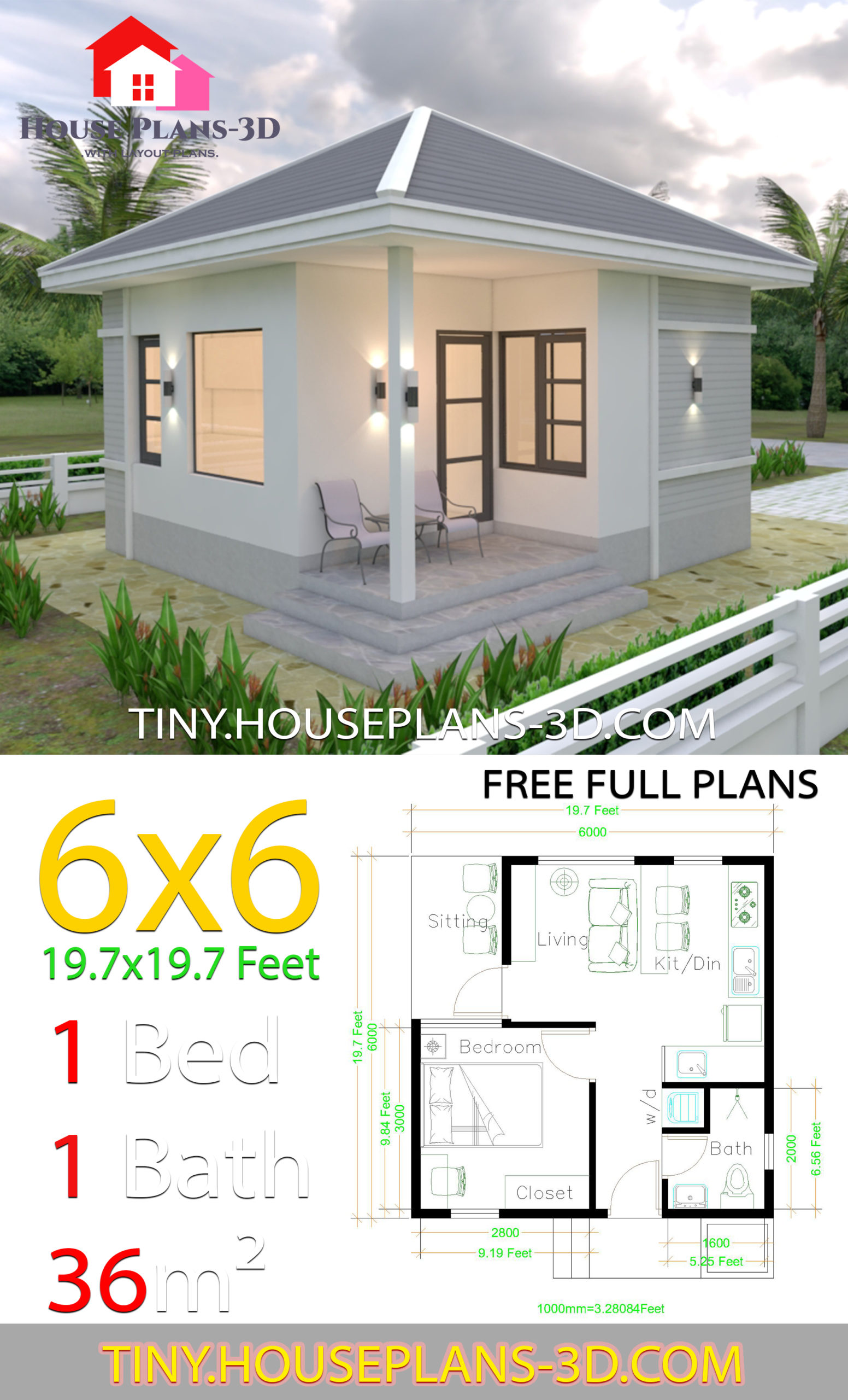 Small House Plans 6x6 with One Bedroom Hip Roof House