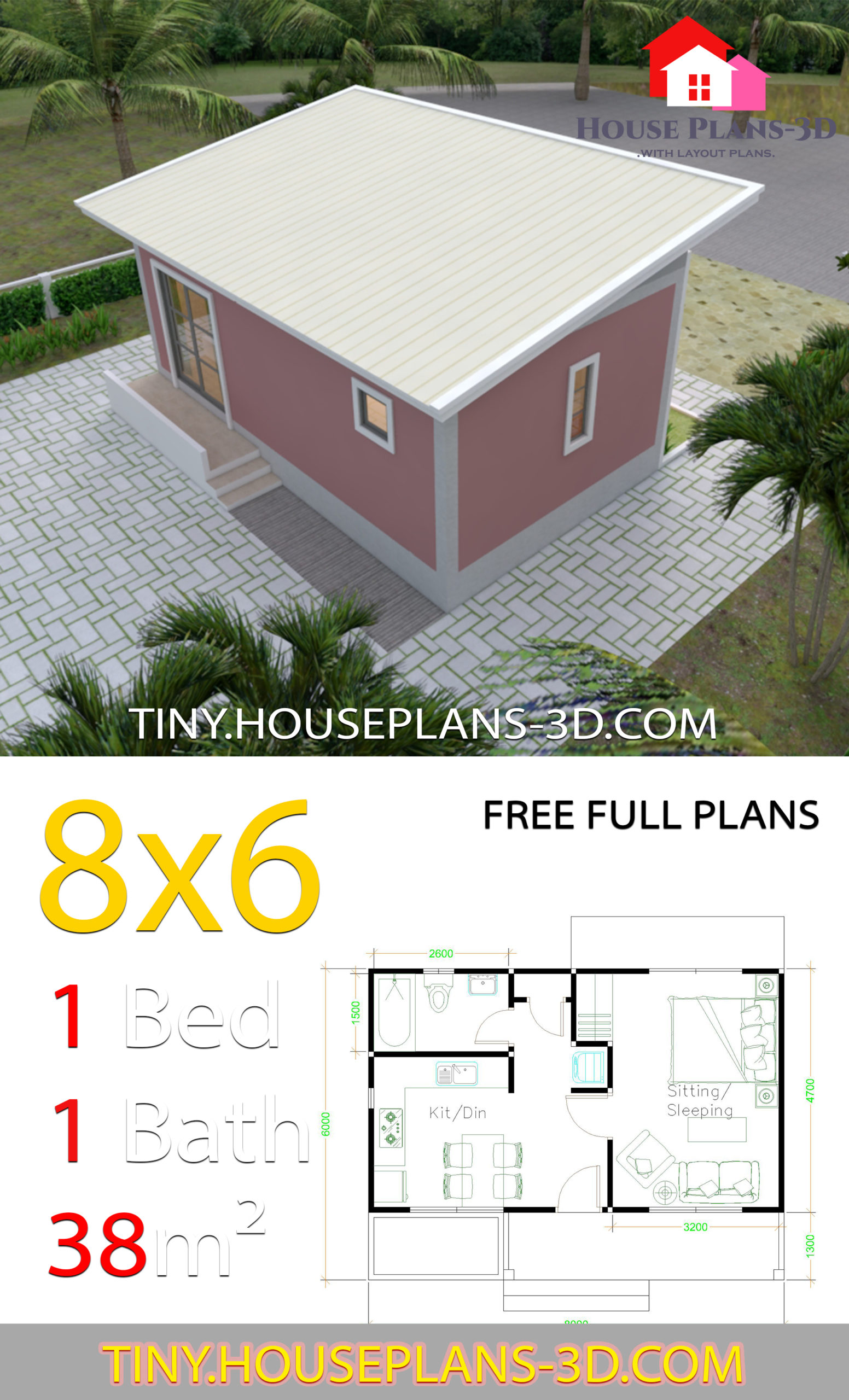 Small House Plans 8x6 with One Bedrooms Shed roof - House 