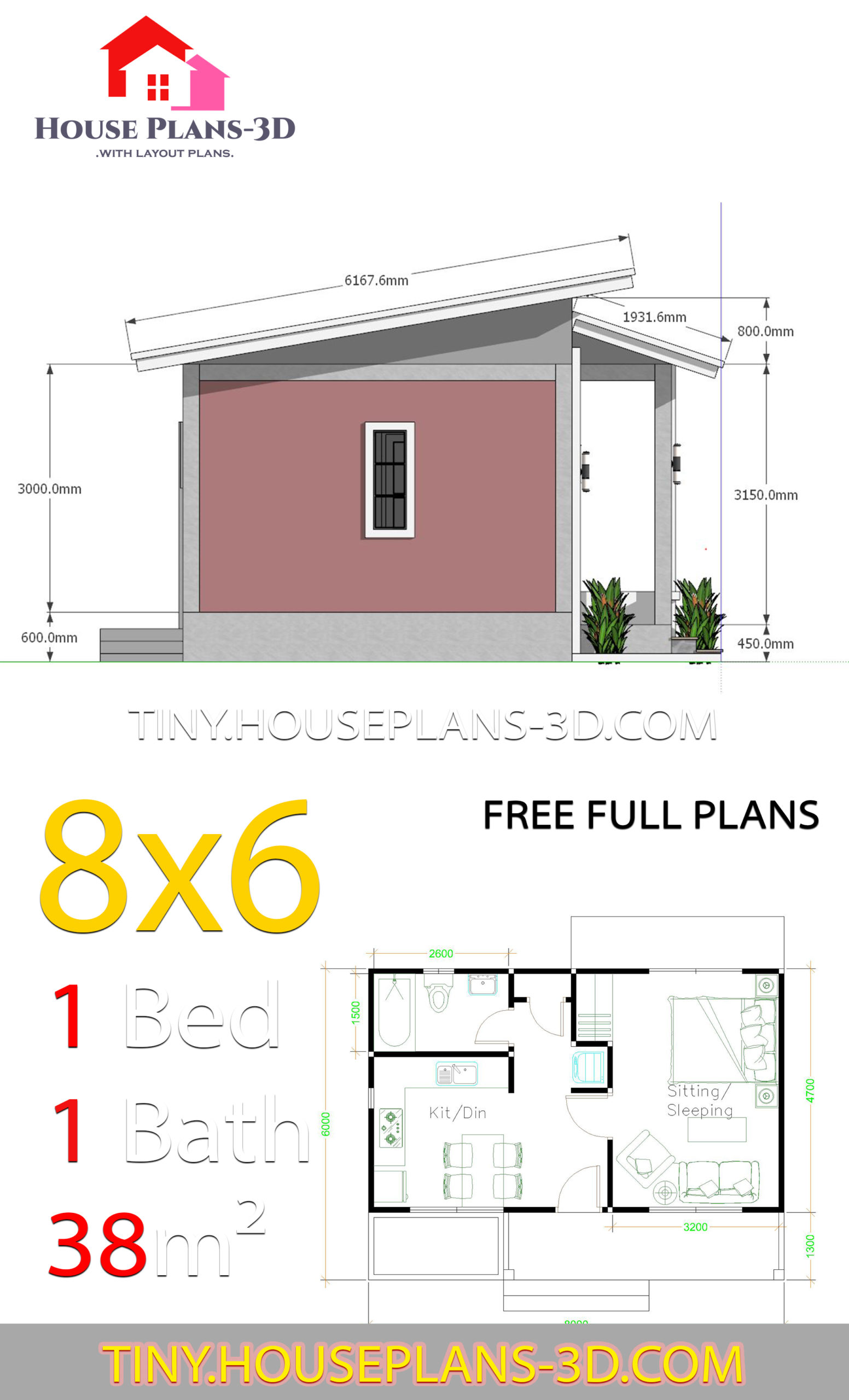 small house plans 8x6 with one bedrooms shed roof - house