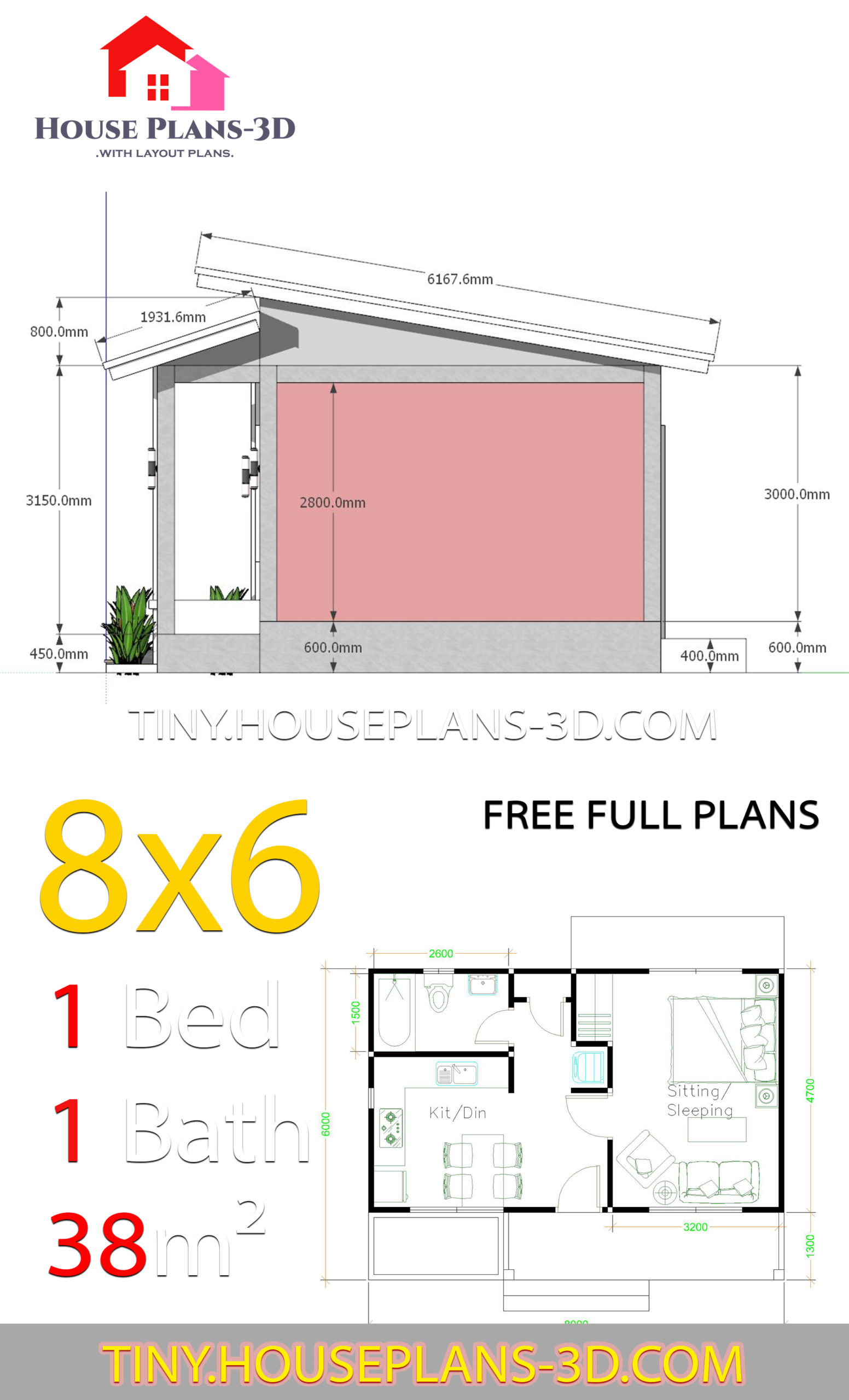 Small House Plans 8x6 with One Bedrooms Shed roof - House 