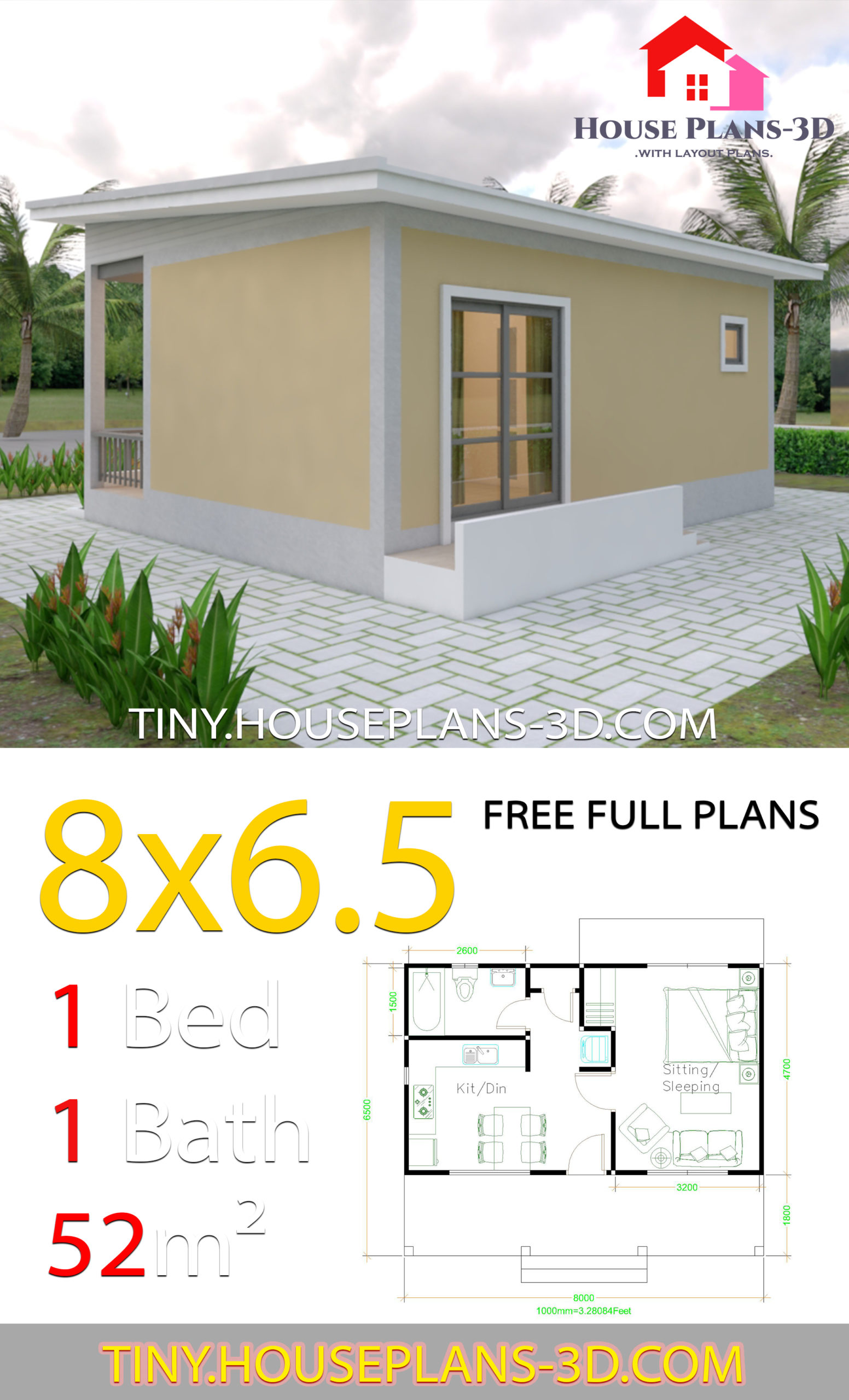 small house plans 8x6.5 with one bedrooms shed roof - tiny