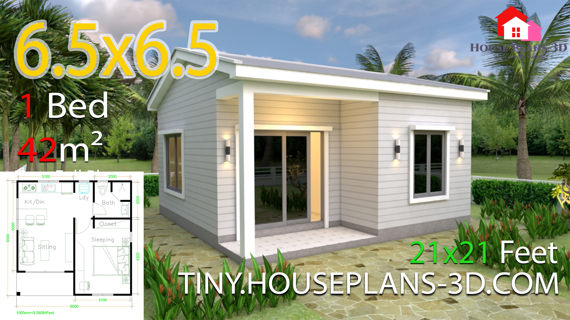 One Bedroom House Plans 21x21 Feet 6.5x6.5m 